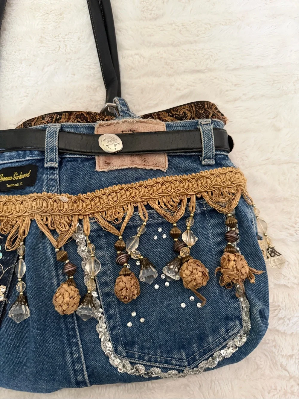 Embellished Denim Tote Bag with Beaded Fringe